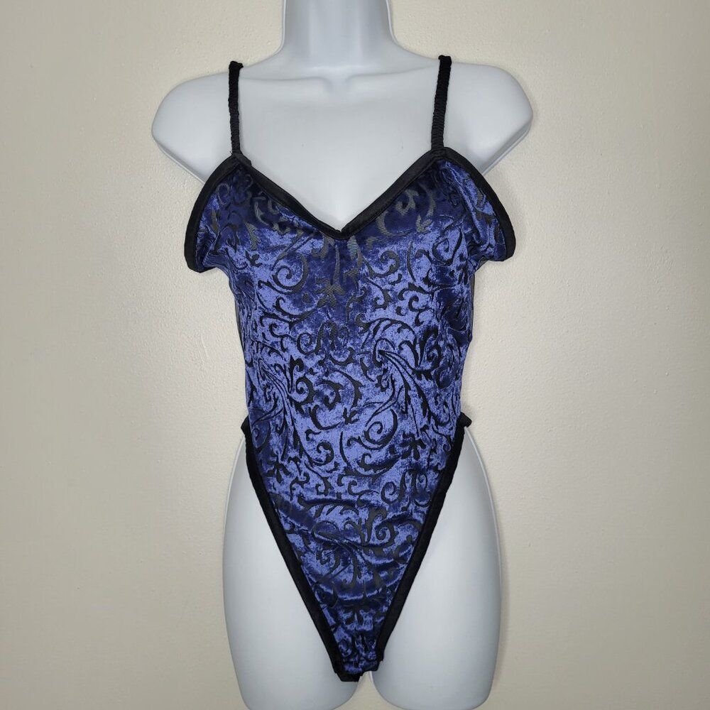 Vintage 80s 90s blue black velvet mesh grunge sexy thong one piece size medium